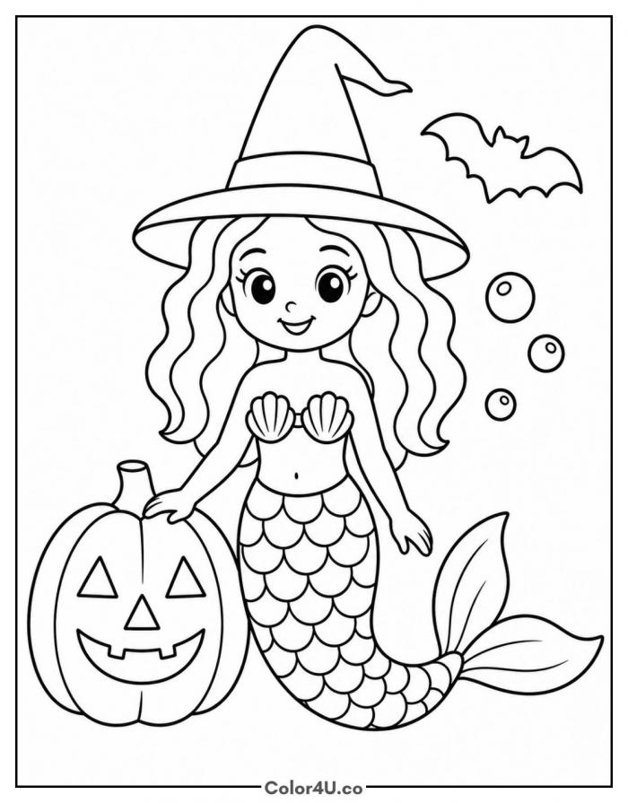 Halloween mermaid in a witch hat with a pumpkin, medium mermaid coloring page, free printable