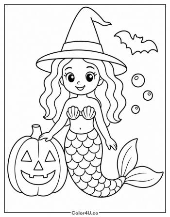 Halloween Mermaid with a Witch Hat coloring page