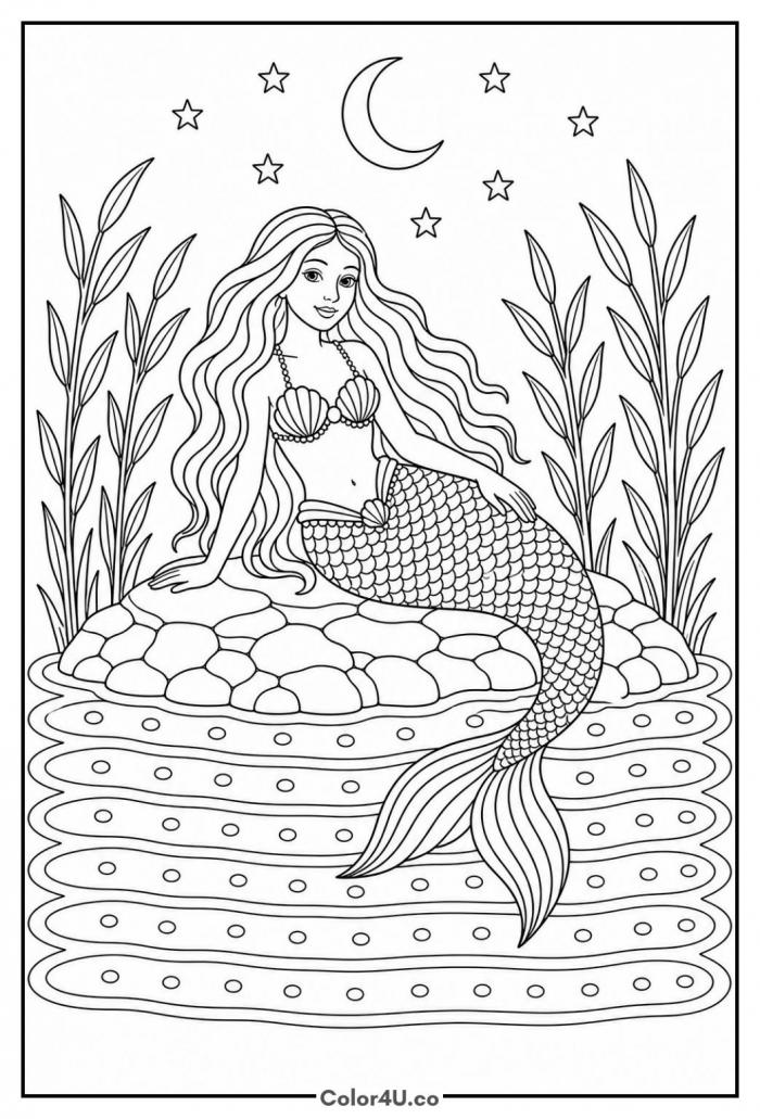 Mermaid in a moonlit lagoon at night, detailed mermaid coloring page, free printable