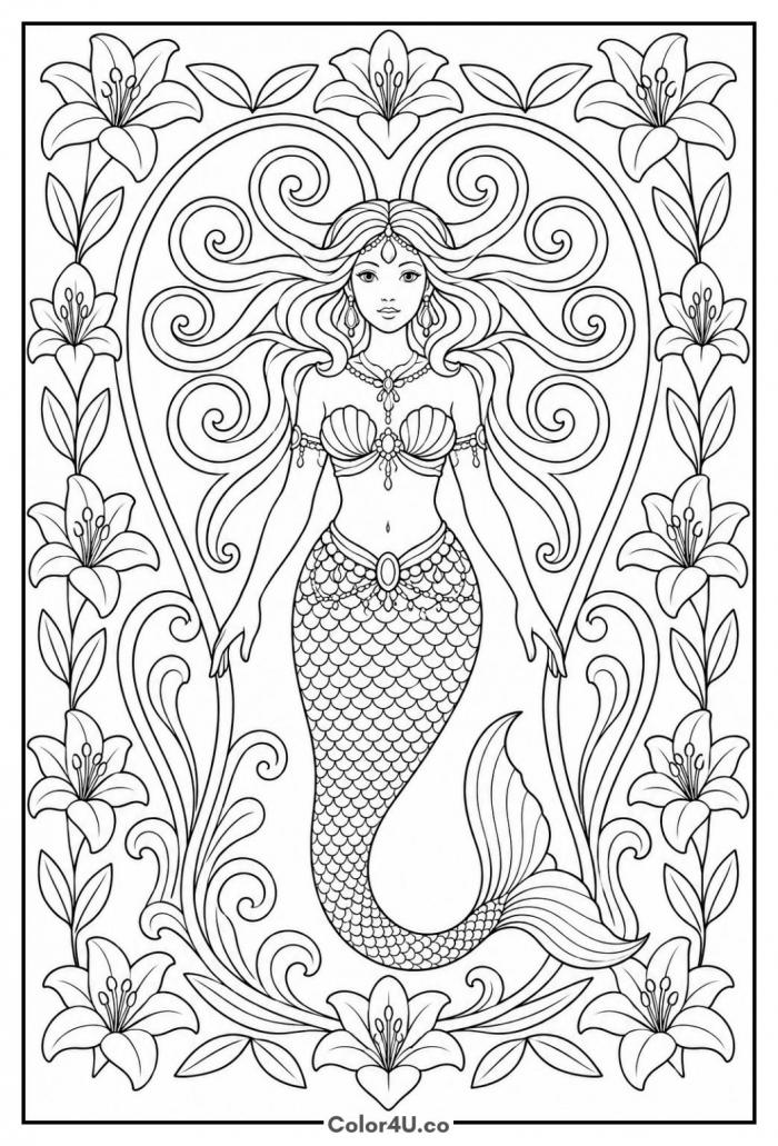 Art nouveau mermaid framed by lilies, detailed mermaid coloring page, free printable