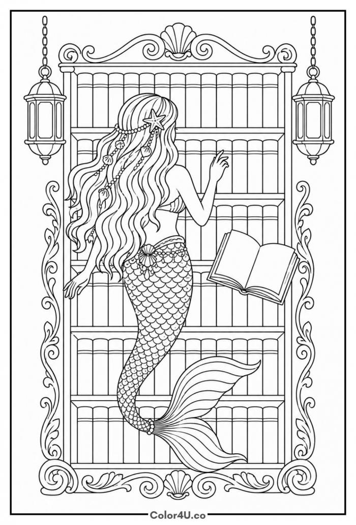 Mermaid in an underwater library reaching for a book, detailed mermaid coloring page, free printable
