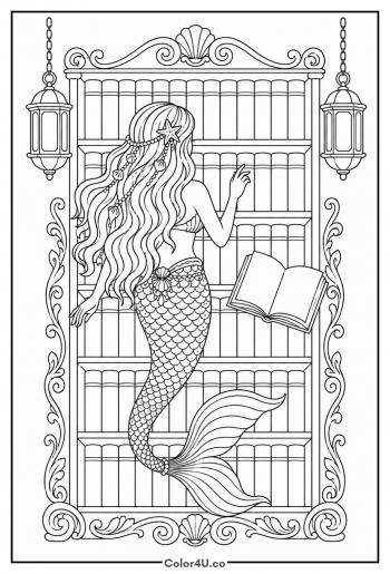 Mermaid in an Underwater Library coloring page