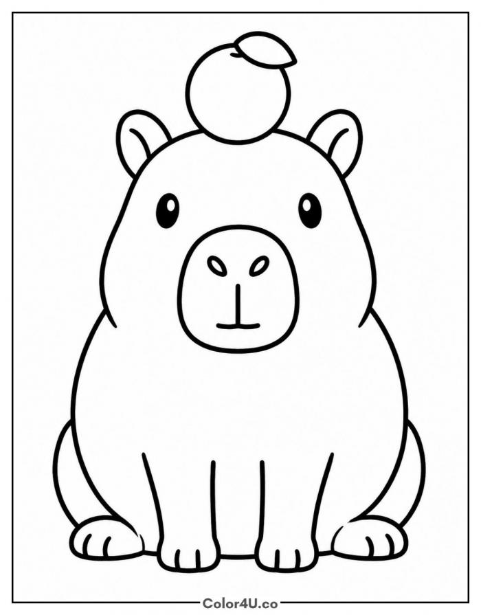 Capybara balancing an orange on its head, easy capybara coloring page