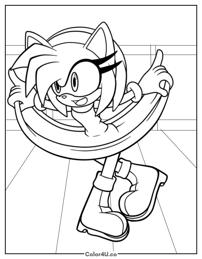 Amy Rose dancing with a hula hoop on stage, medium Sonic the Hedgehog coloring page, free printable
