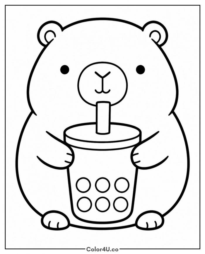 Kawaii capybara holding a boba tea cup, easy capybara coloring page