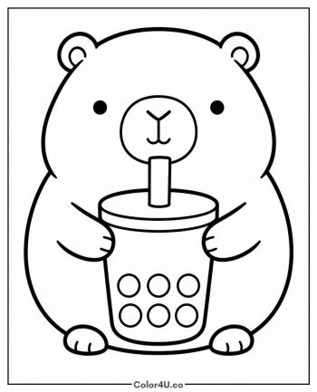 Kawaii Capybara With Boba Tea coloring page