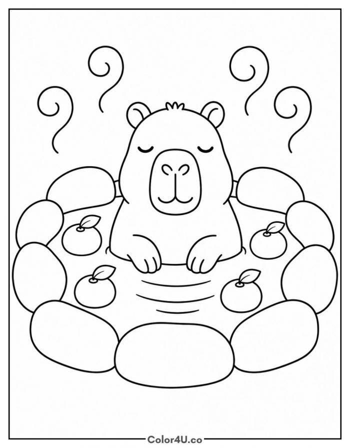 Capybara soaking in a hot spring with floating yuzu fruit, capybara coloring page