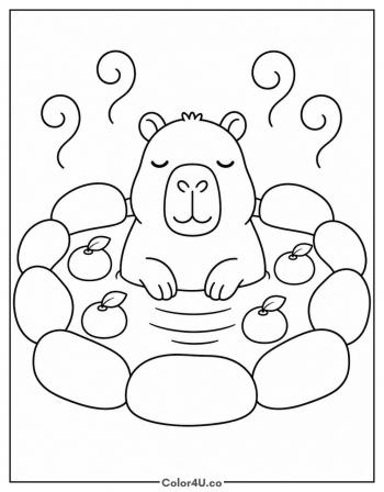 Capybara in a Hot Spring With Yuzu Fruit coloring page