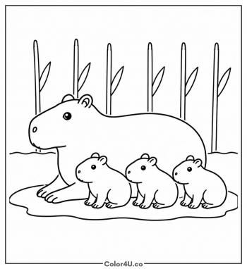Capybara Family by the River coloring page