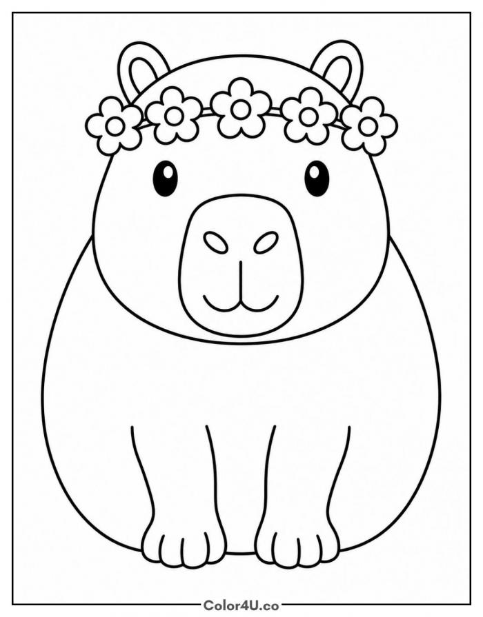 Capybara wearing a flower crown, capybara coloring page