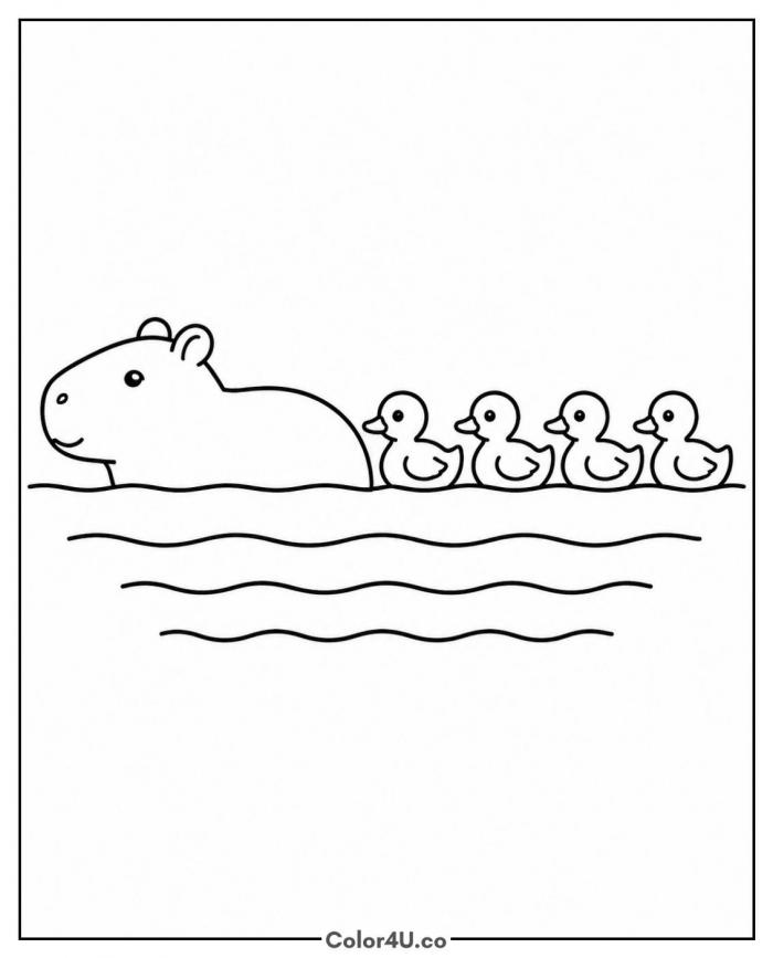 Capybara swimming with a line of ducklings, capybara coloring page