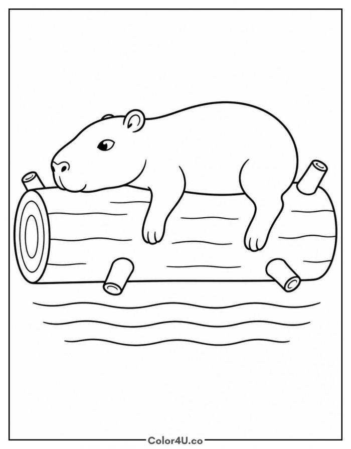 Capybara resting on a log at the river's edge, capybara coloring page