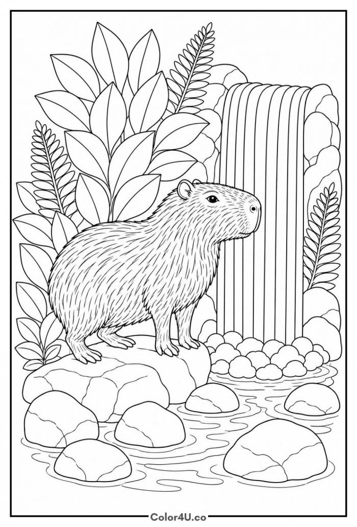 Capybara standing beside a rainforest waterfall, detailed capybara coloring page
