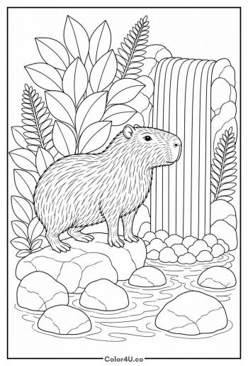 Capybara by a Rainforest Waterfall coloring page