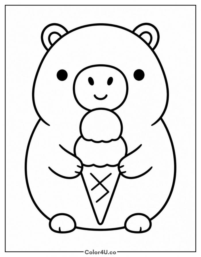 Chibi capybara holding an ice cream cone, easy capybara coloring page