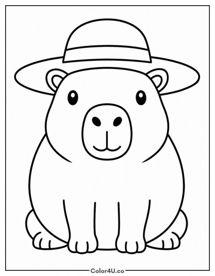 Capybara wearing a wide sun hat, easy capybara coloring page
