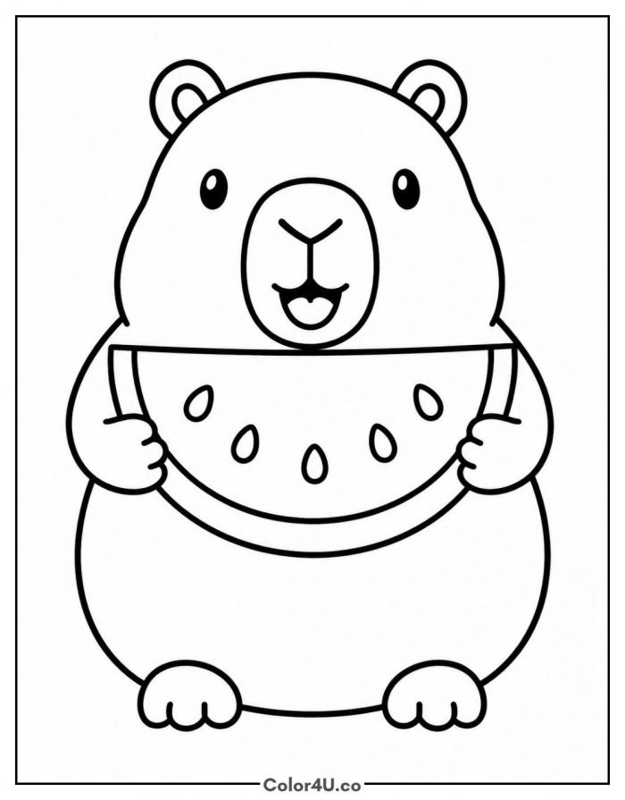 Capybara holding a slice of watermelon, easy capybara coloring page