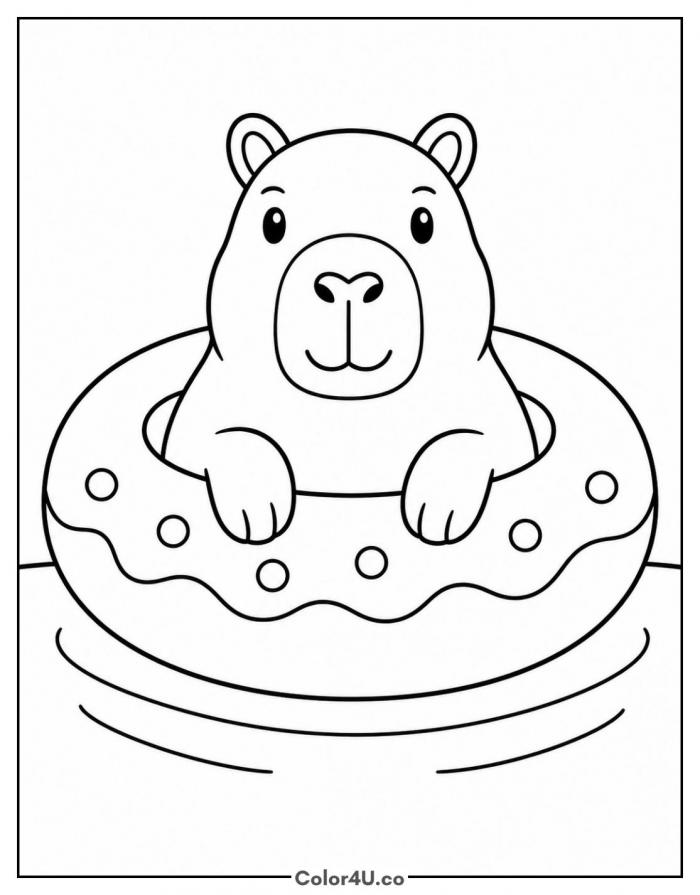 Capybara floating on a donut pool ring, capybara coloring page