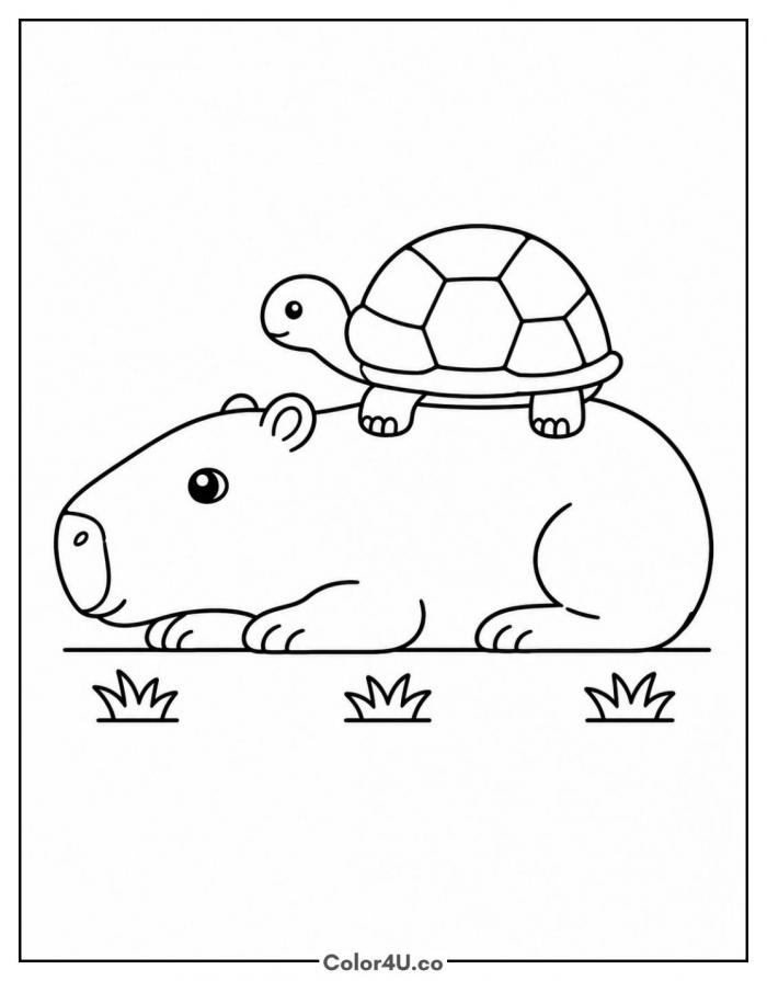 Capybara with a turtle resting on its back, capybara coloring page
