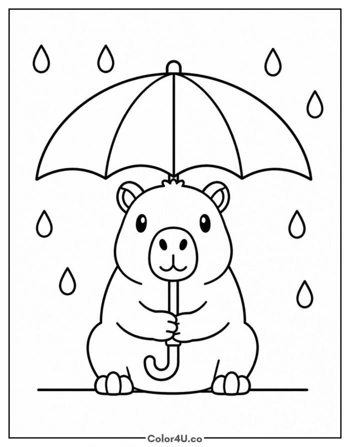 Capybara sheltering under an umbrella in the rain, capybara coloring page