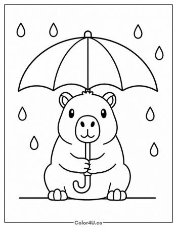 Capybara Under an Umbrella in the Rain coloring page