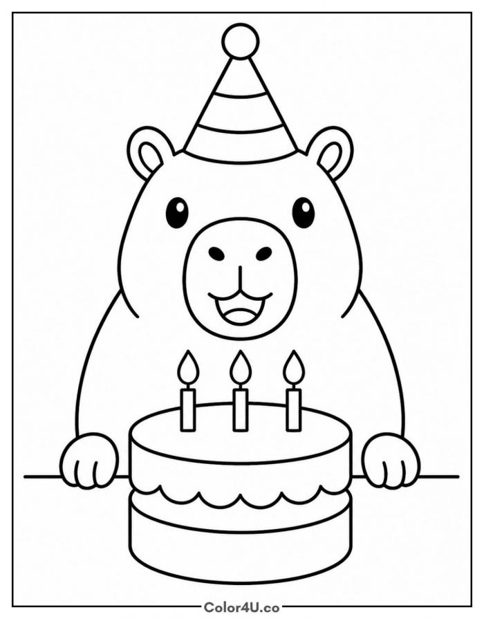 Capybara in a party hat behind a birthday cake, capybara coloring page