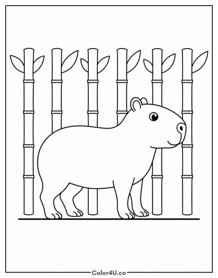Capybara standing among bamboo stalks, capybara coloring page