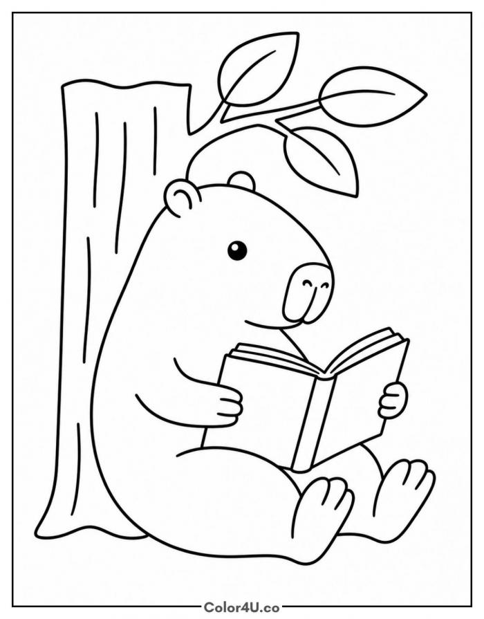 Capybara reading a book under a tree, capybara coloring page