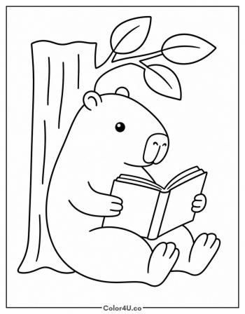 Capybara Reading a Book Under a Tree coloring page