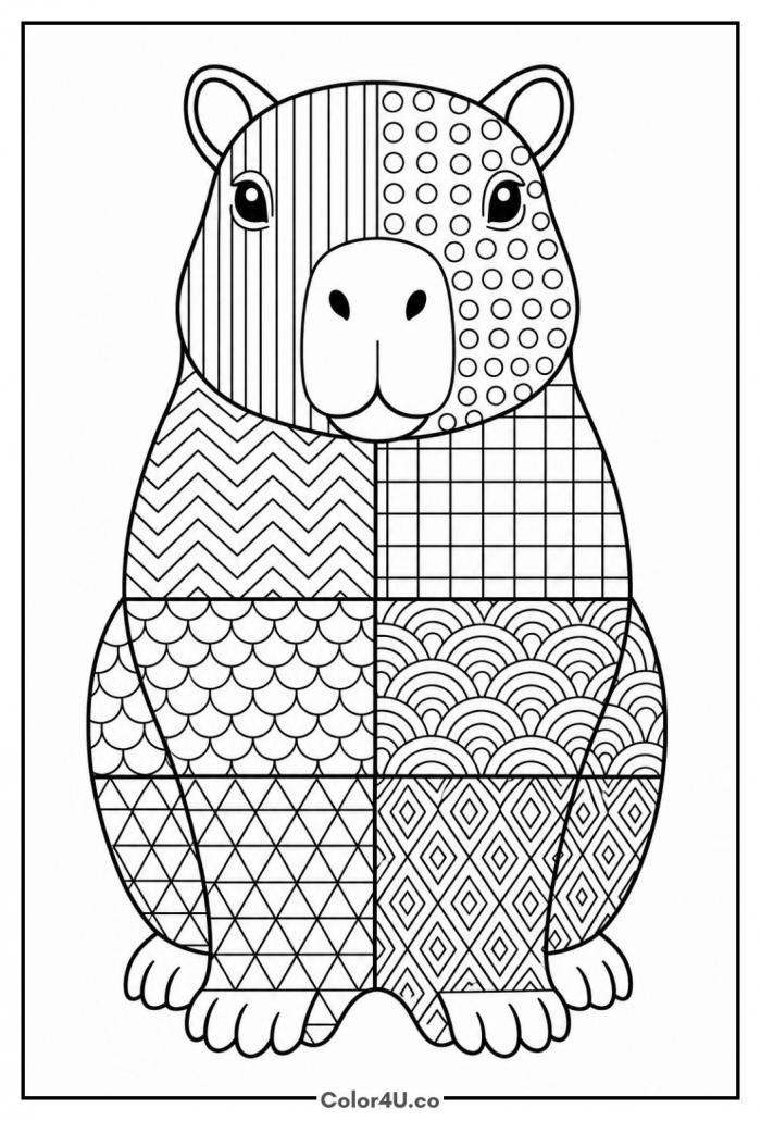 Capybara filled with zentangle patterns, detailed capybara coloring page