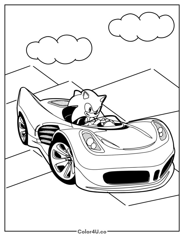 Sonic driving a sports car, medium Sonic the Hedgehog coloring page, free printable