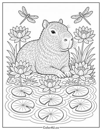 Capybara Among Lotus Flowers and Dragonflies coloring page