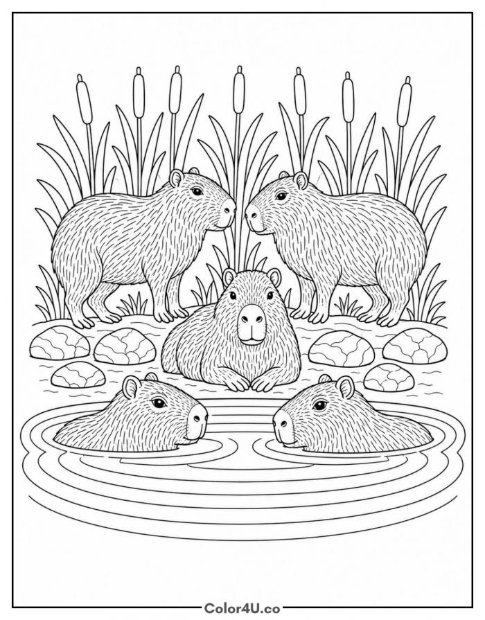 Herd of capybaras gathered at a watering hole, detailed capybara coloring page