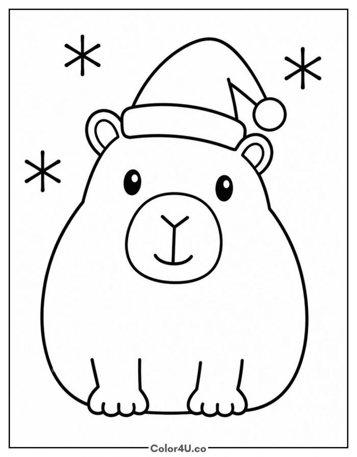Capybara wearing a santa hat, easy capybara coloring page