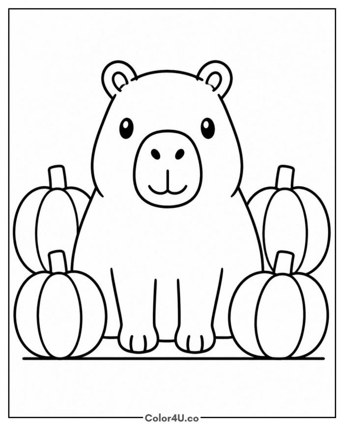 Capybara sitting in a pumpkin patch, easy capybara coloring page