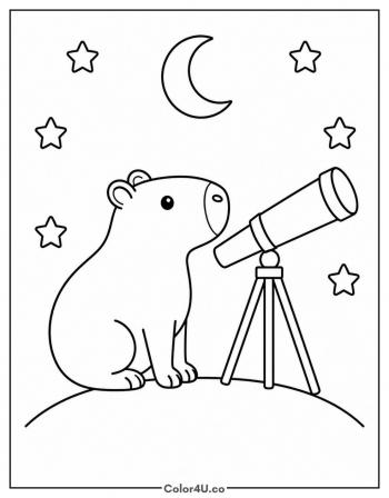 Capybara Stargazing With a Telescope coloring page