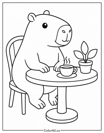 Capybara at a Cafe Table With a Coffee Cup coloring page