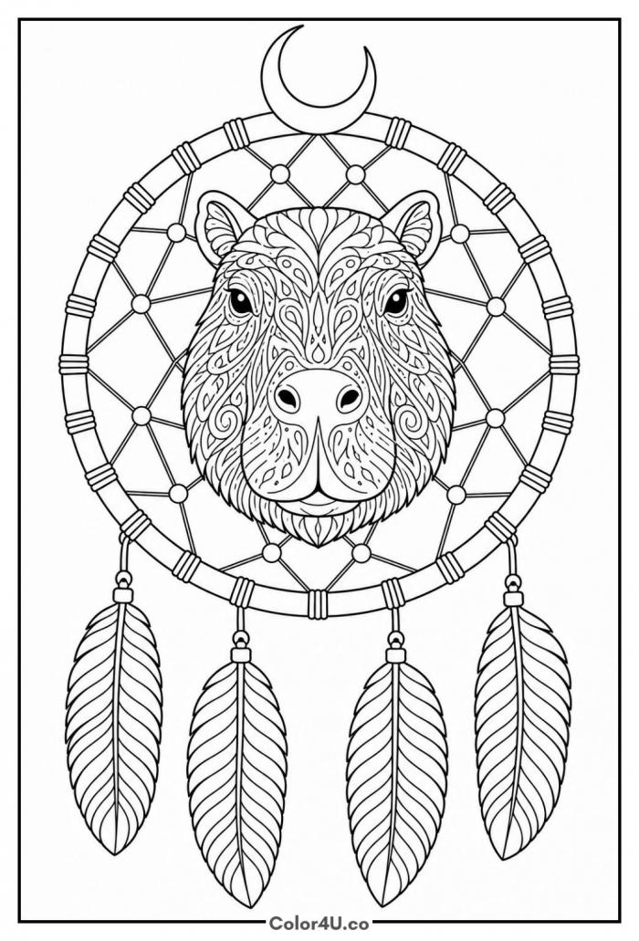 Capybara inside a dreamcatcher with moon and feathers, detailed capybara coloring page
