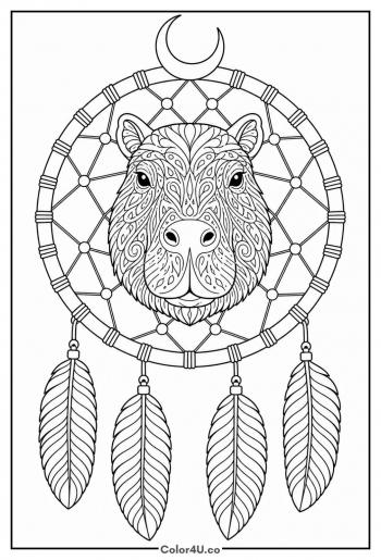 Capybara Dreamcatcher With Moon and Feathers coloring page