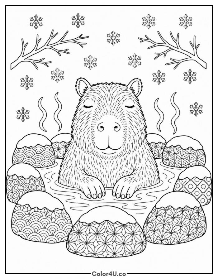 Capybara soaking in a snowy hot spring, detailed capybara coloring page