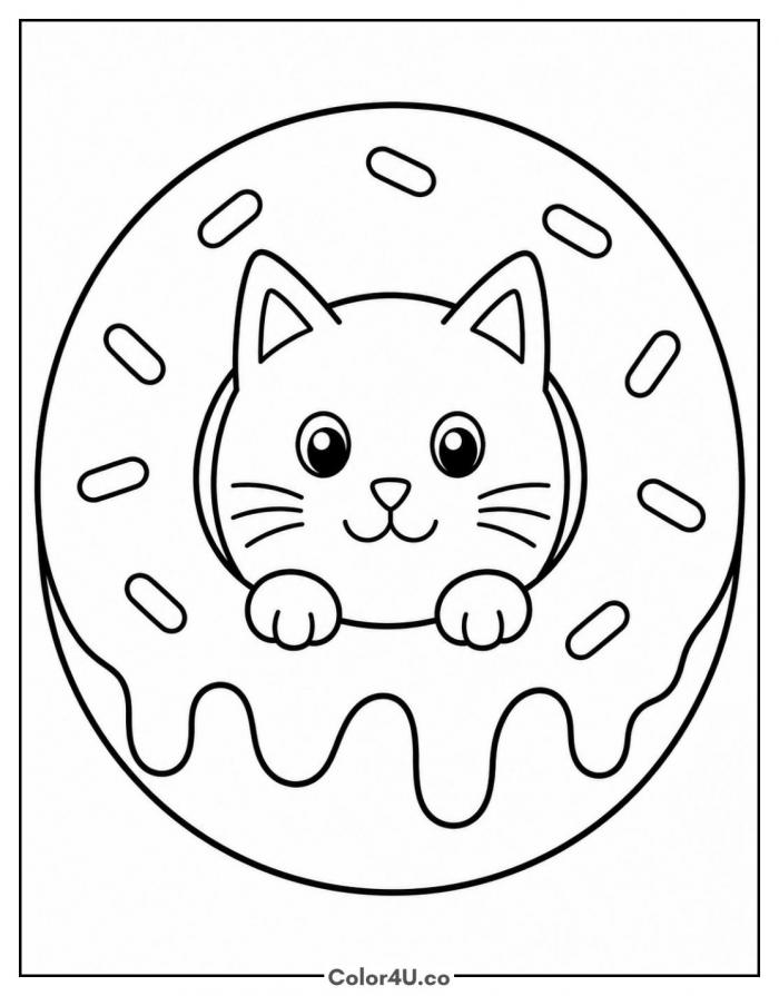 Cat peeking through a donut hole, easy donut coloring page, free printable