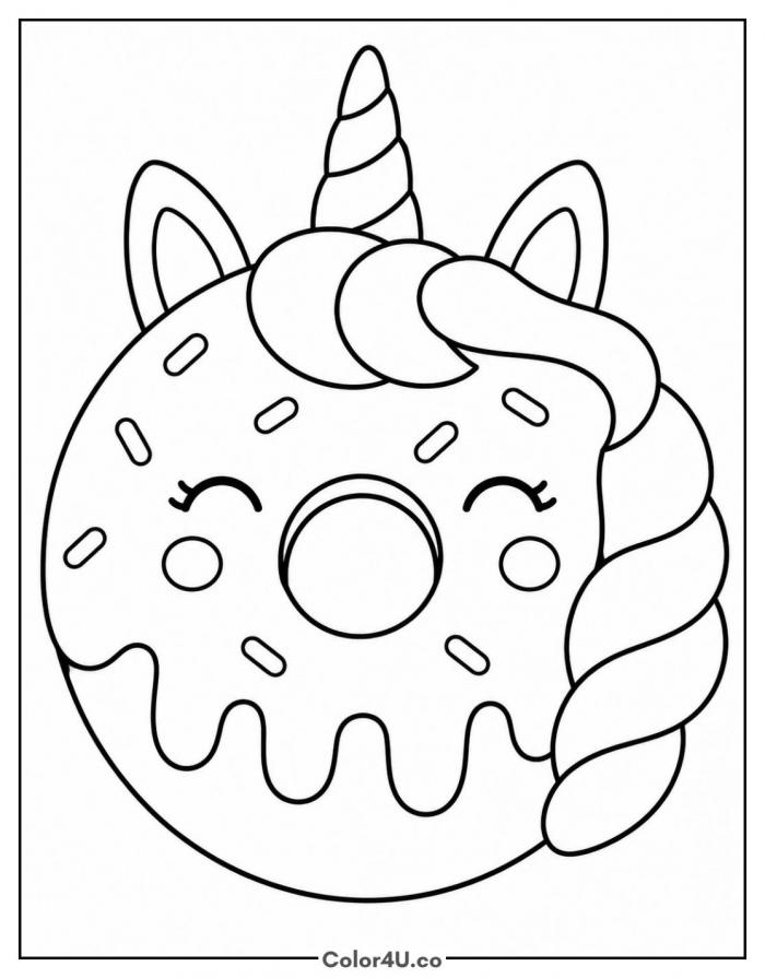 Unicorn donut with horn and braided mane, medium donut coloring page, free printable