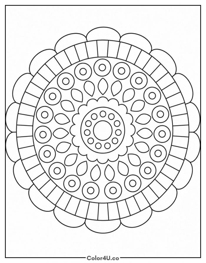 Donut mandala with concentric rings and petals, detailed donut coloring page, free printable