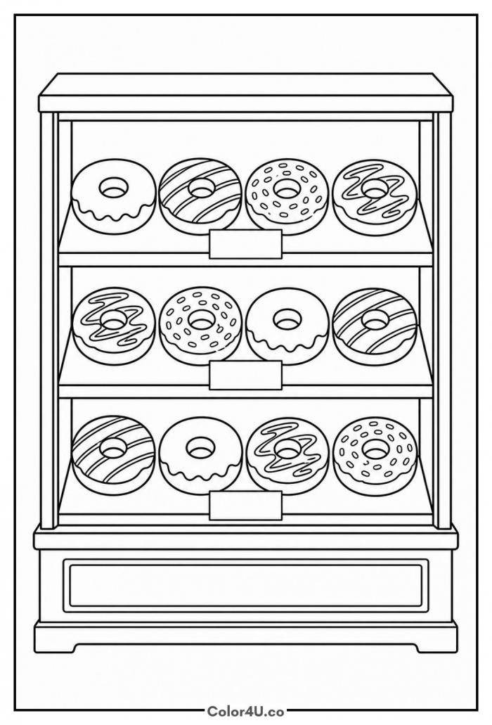 Bakery display case with twelve donuts on three shelves, detailed donut coloring page, free printable