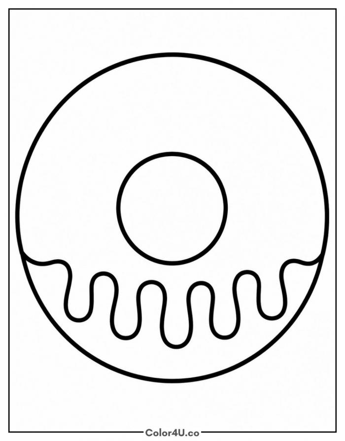 Glazed donut with dripping frosting, easy donut coloring page, free printable