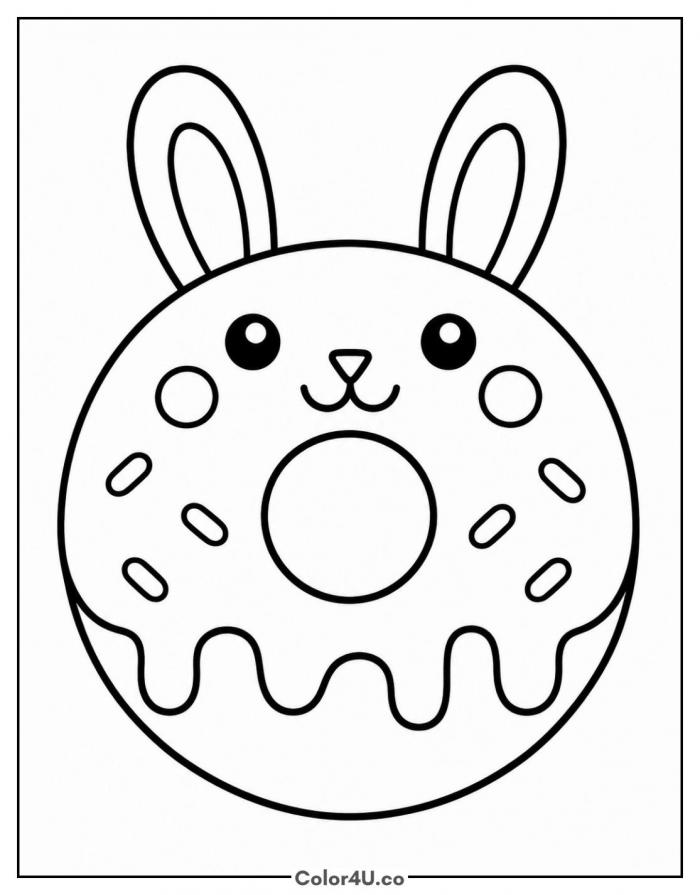 Bunny donut with tall ears and a smiling face, easy donut coloring page, free printable