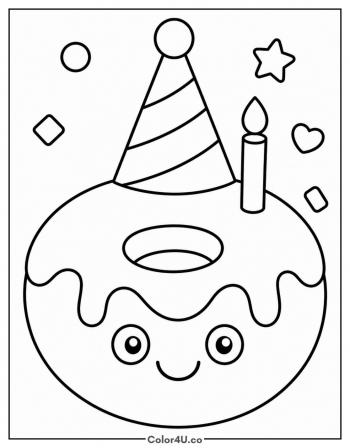 Birthday Donut with a Party Hat coloring page