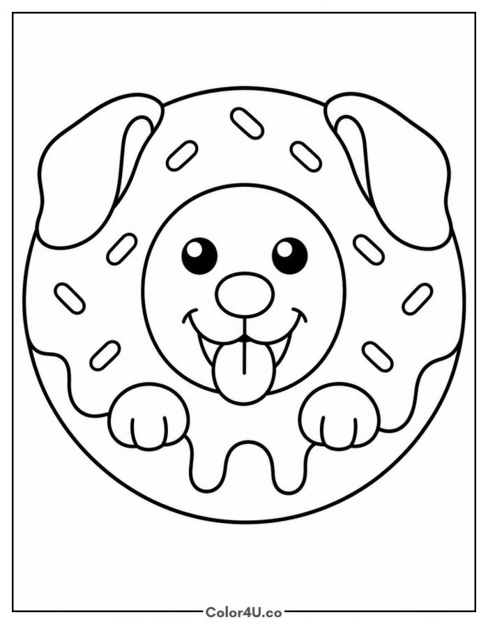 Puppy face inside a sprinkled donut, medium donut coloring page, free printable