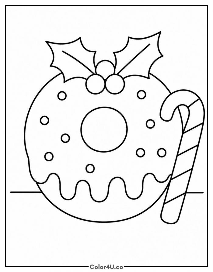 Christmas donut with holly and a candy cane, medium donut coloring page, free printable