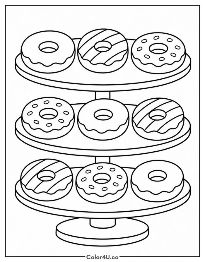 Three tier cake stand holding nine donuts, medium donut coloring page, free printable